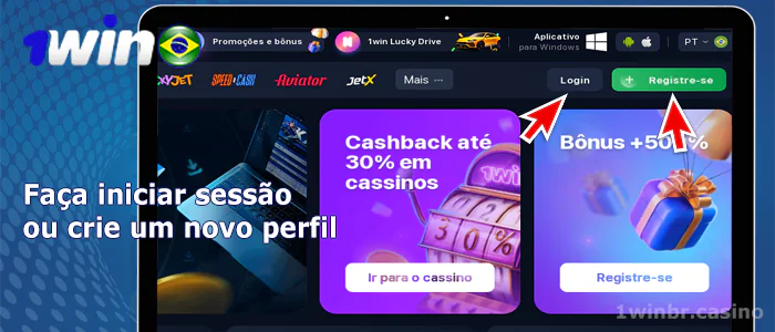 Clique no botão de login ou registro no site do 1Win